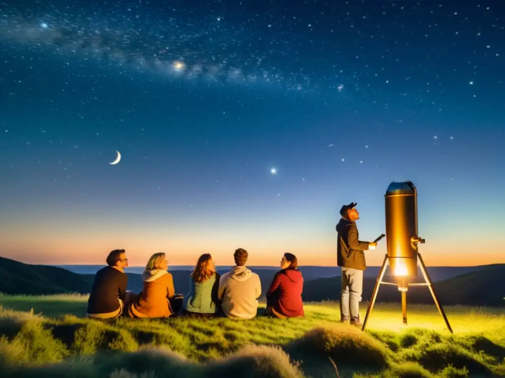 Un grupo de astrónomos aficionados disfruta de una animada conversación bajo las estrellas en una noche nostálgica