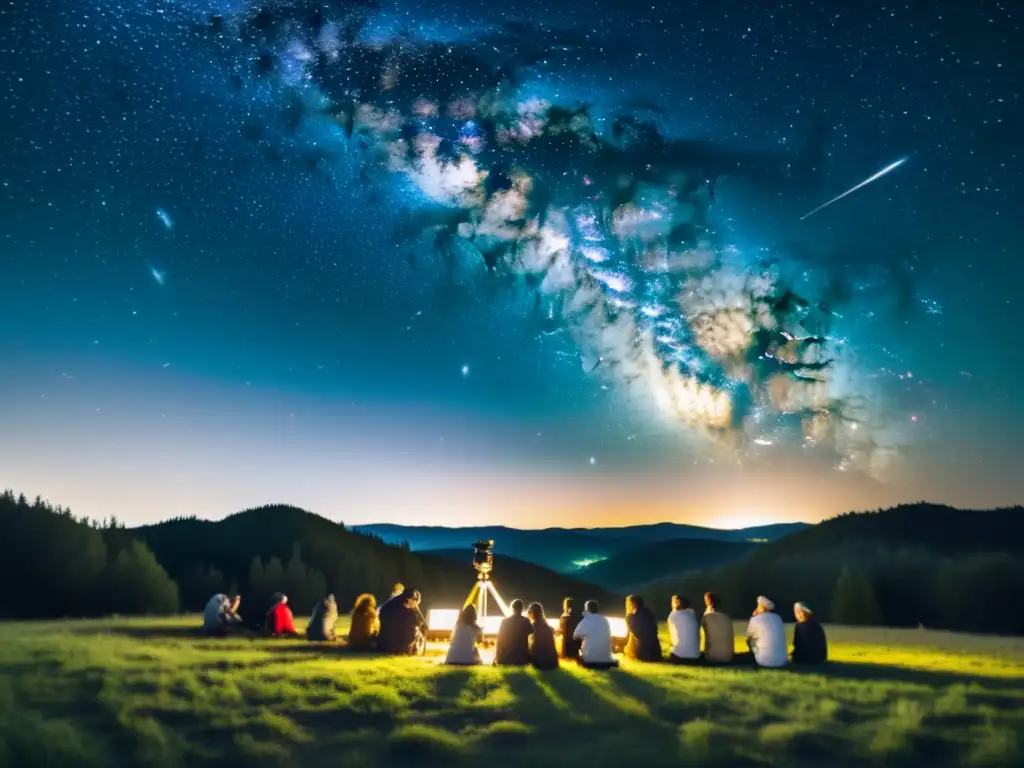 Grupo de astrónomos aficionados disfrutando de la belleza nocturna del campo, observando las estrellas a través de un telescopio vintage