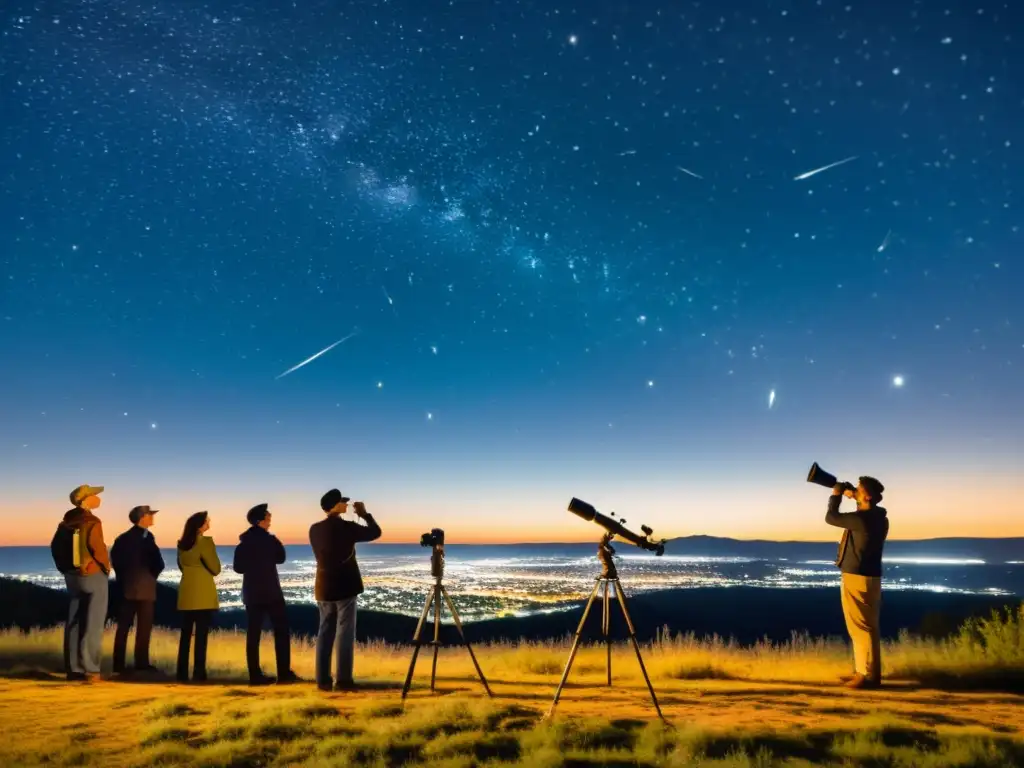 Un grupo de astrónomos aficionados observa el cielo estrellado bajo la luz de faroles