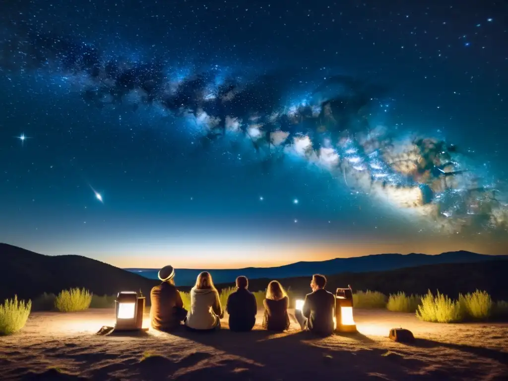 Un grupo de astrónomos aficionados observando bajo cielos iluminados, con linternas antiguas y telescopios clásicos