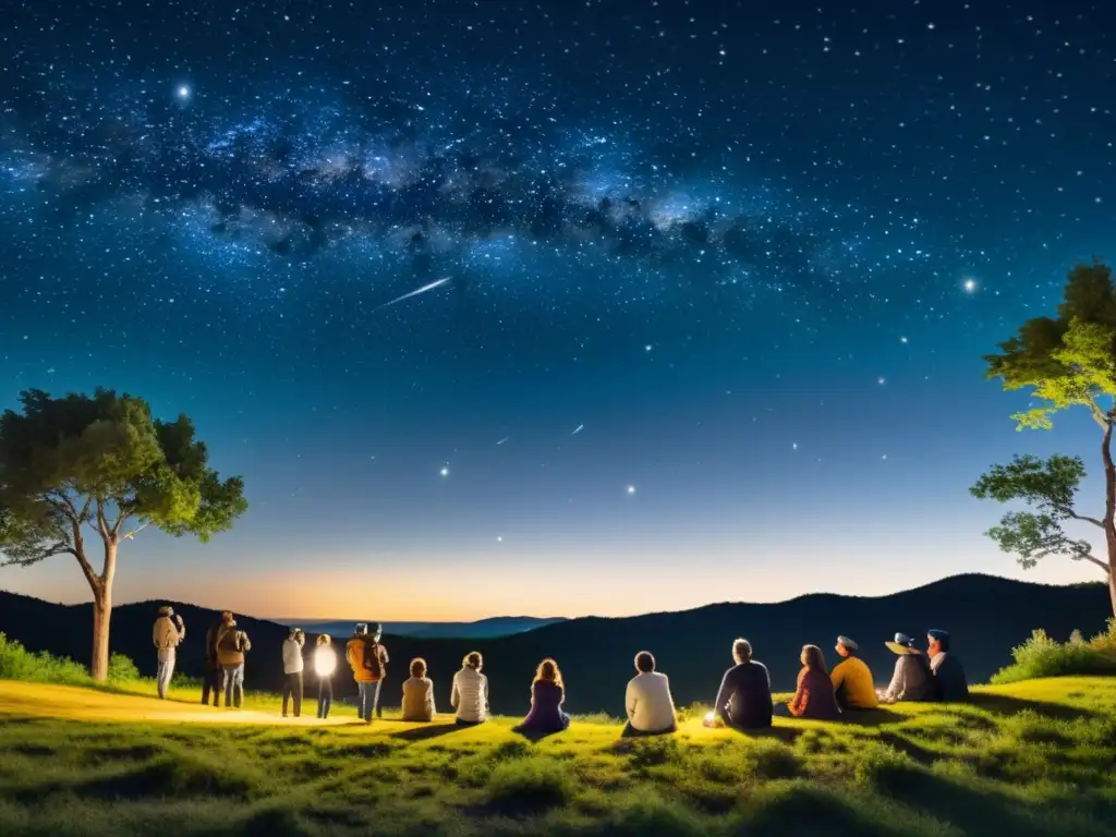 Grupo de astrónomos aficionados observando constelaciones con técnicas avanzadas de observación en una noche estrellada entre árboles