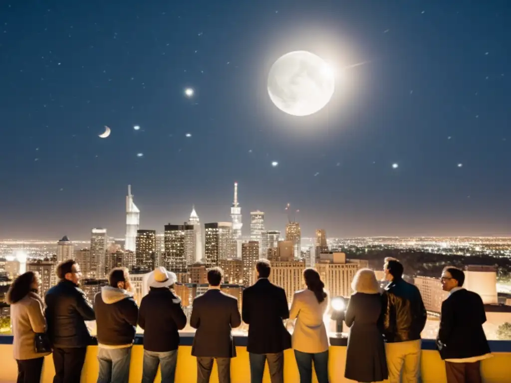 Grupo de astrónomos aficionados disfrutando descubrimientos urbanos bajo la luz de la luna y las estrellas en la ciudad