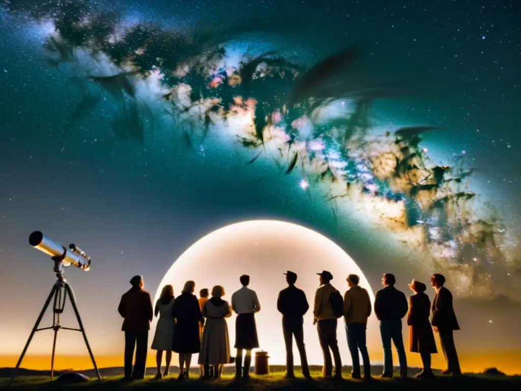 Grupo de astrónomos aficionados disfrutando del evento anual observación celeste bajo un cielo estrellado vintage