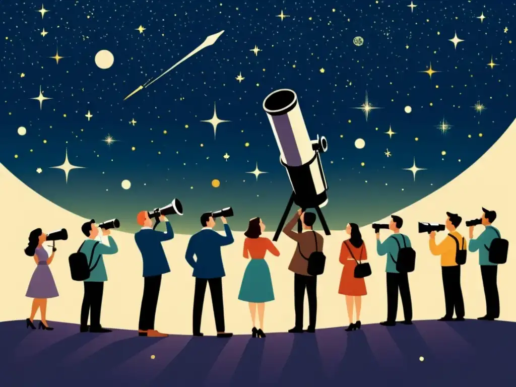 Un grupo de astrónomos aficionados se reúnen alrededor de un telescopio vintage, apuntando hacia el cielo nocturno lleno de estrellas