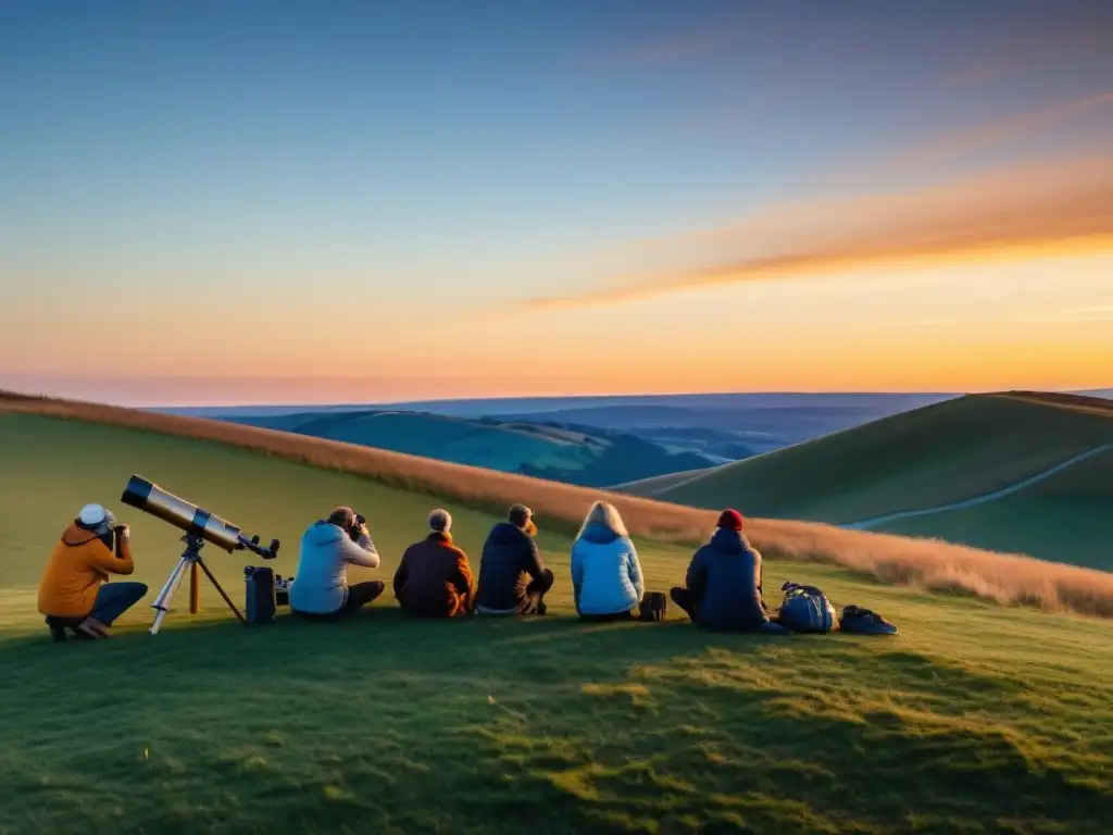Telescopios vintage en una colina al atardecer Grupo de astrónomos aficionados montando sus telescopios vintage al atardecer en una colina
