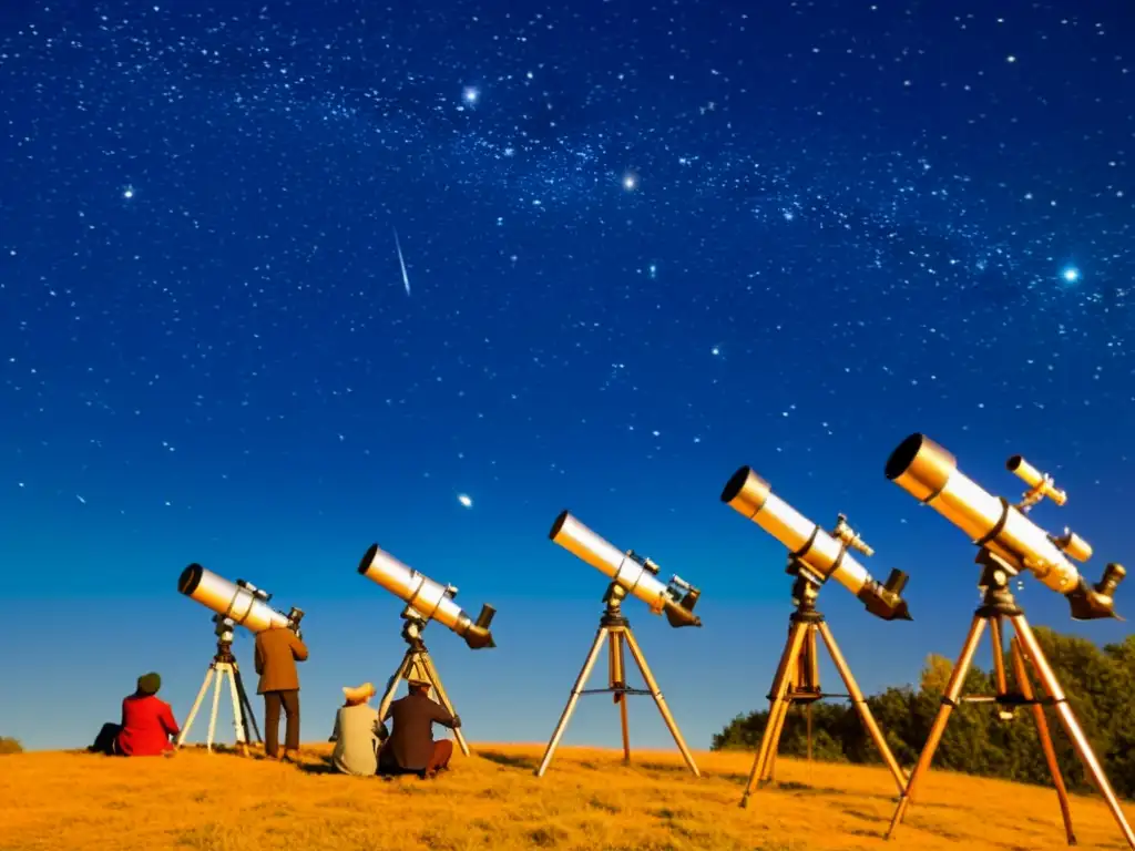 Un grupo de astrónomos aficionados usando telescopios para explorar el cielo nocturno, con constelaciones y objetos deep sky en el fondo