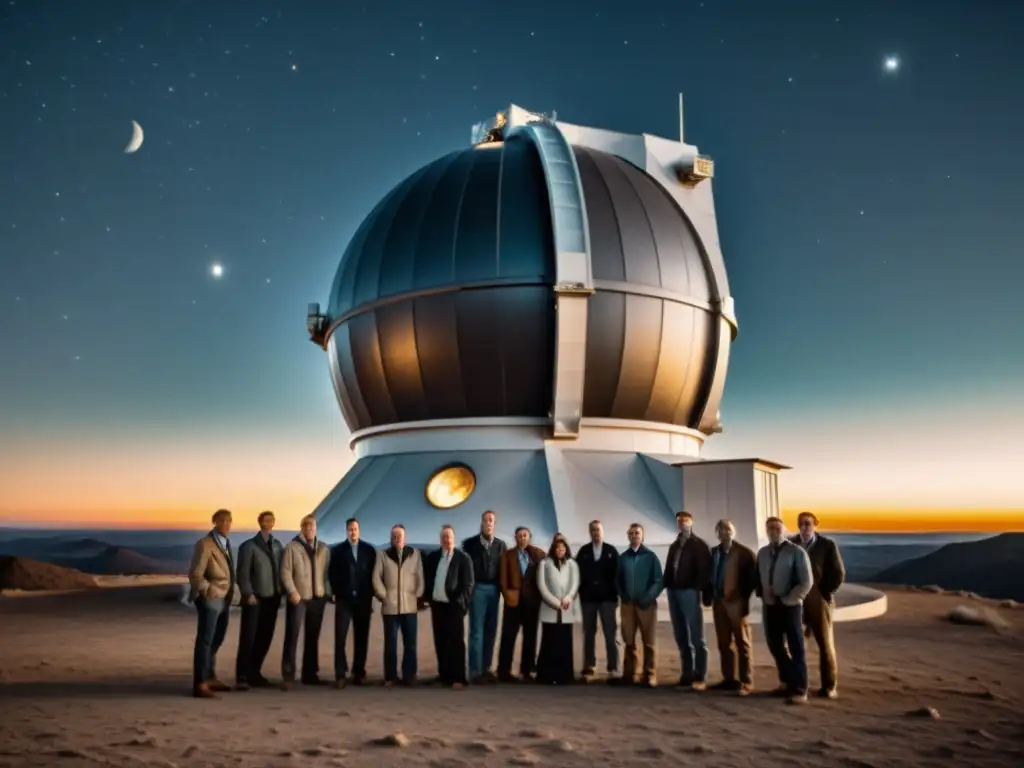 Grupo de astrónomos en una antigua fotografía en blanco y negro, observando a través de un telescopio con la luz de la luna