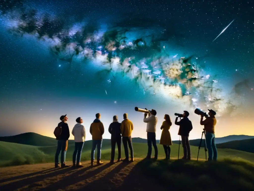 Grupo de astrónomos observando el cielo estrellado con la Vía Láctea de fondo en una exposición itinerante de imágenes Deep Sky