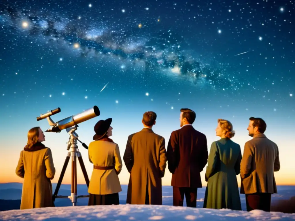 Grupo de astrónomos observando el cielo estrellado en la noche, evocando la maravilla de la observación astronómica