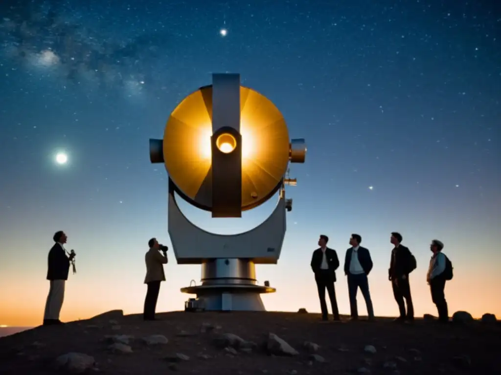 Un grupo de astrónomos contempla el cielo nocturno a través de un telescopio, transmitiendo asombro y descubrimiento