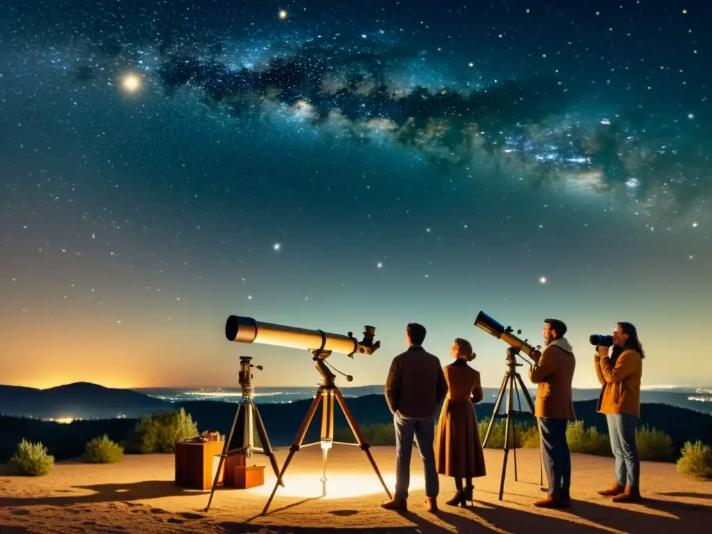 Un grupo de astrónomos observa el cielo nocturno con telescopios antiguos