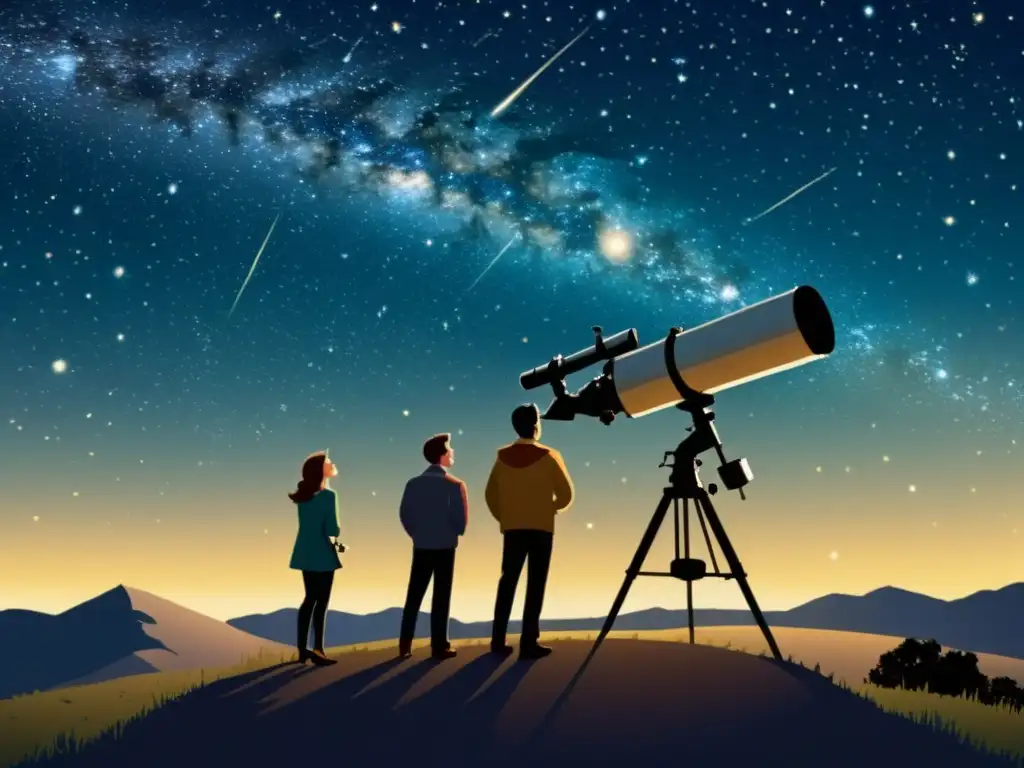 Grupo de astrónomos observando el cielo nocturno a través de un telescopio vintage, evocando la nostalgia de la exploración astronómica