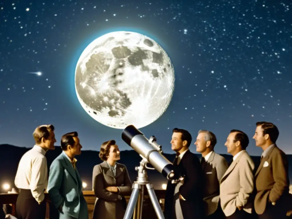 Un grupo de astrónomos observa el cielo nocturno a través de un telescopio vintage, sus rostros iluminados por la luz de la luna