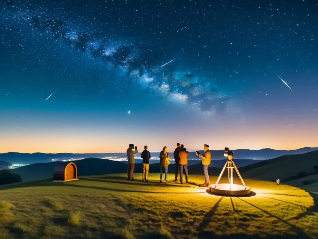 Un grupo de astrónomos observa el cielo nocturno con telescopio y apps, en un ambiente nostálgico y lleno de asombro