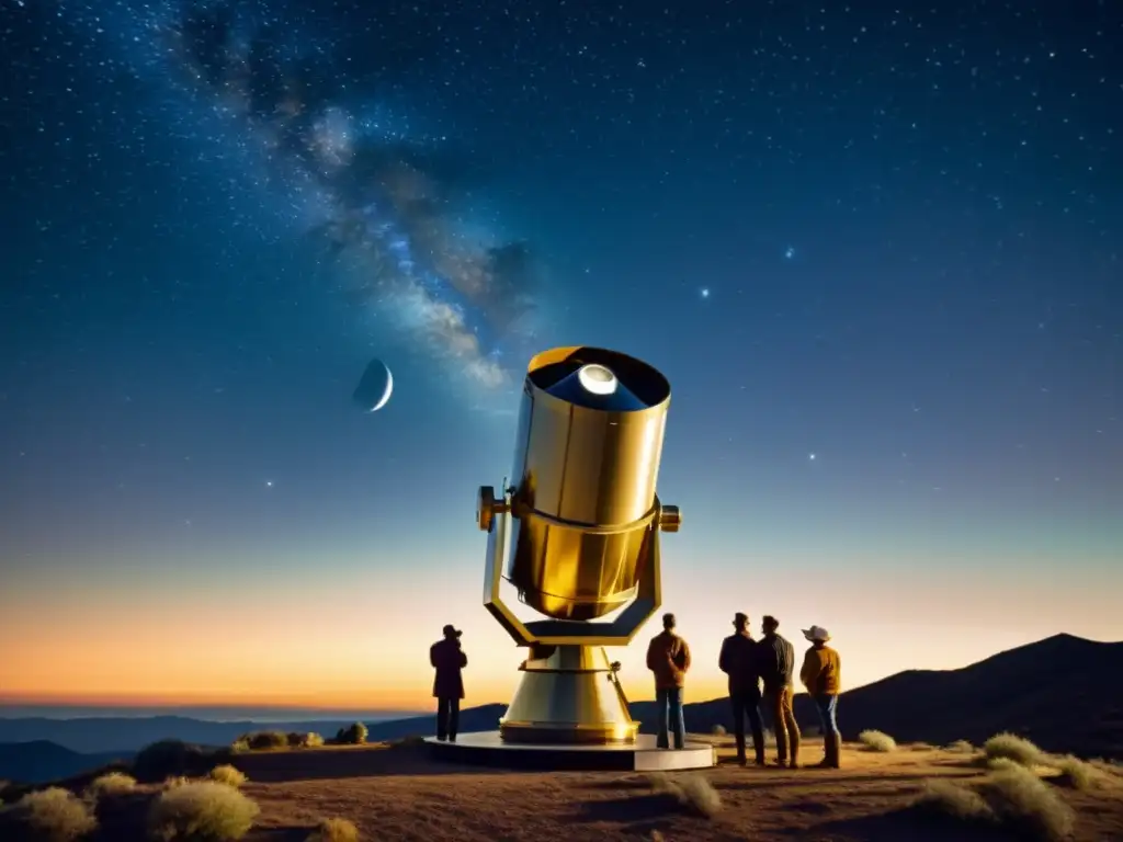 Grupo de astrónomos observando el cielo nocturno a través de un telescopio vintage, iluminados por las estrellas