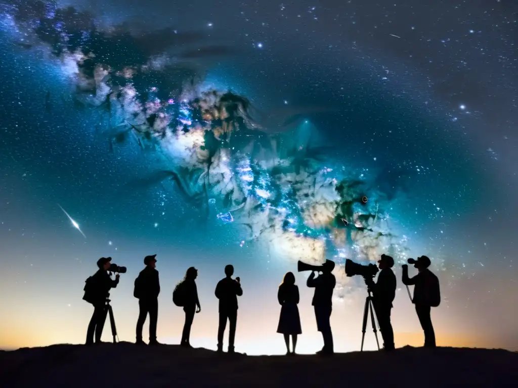 Un grupo de astrónomos observa el cielo nocturno, iluminados por linternas vintage