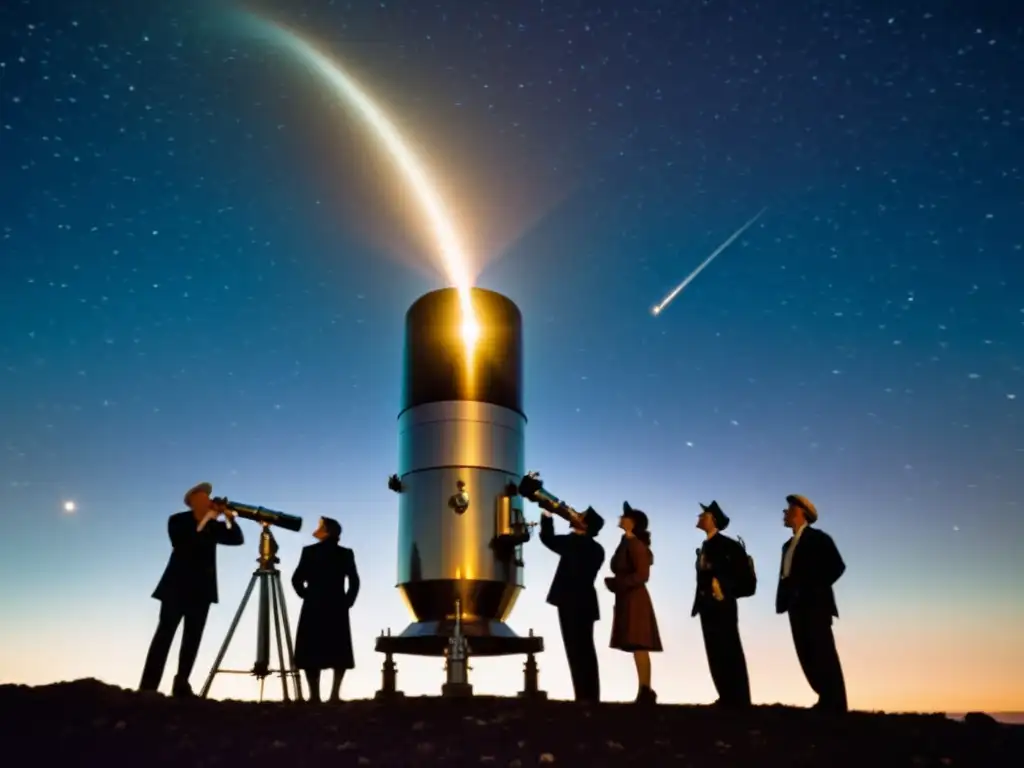 Grupo de astrónomos admirando un cometa en una exposición fotográfica cazadores cometas