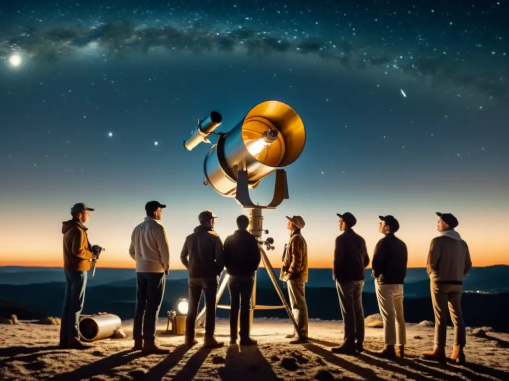 Grupo de astrónomos observando el cosmos bajo la luz de la luna y las estrellas