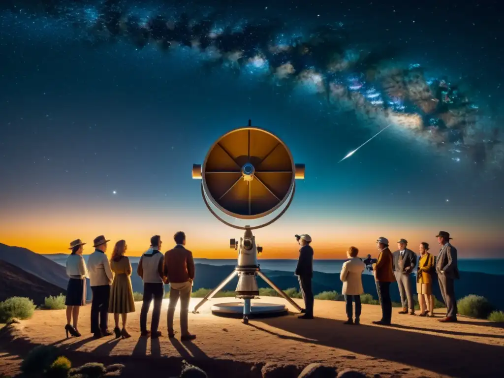 Grupo de astrónomos emocionados participando en búsqueda de exoplanetas, observando el cielo estrellado con telescopio vintage en la noche