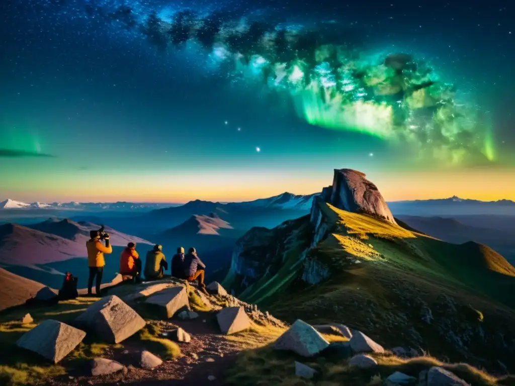 Grupo de astrónomos observando estrellas desde montañas, rodeados de ruinas antiguas, en un crepúsculo lleno de maravilla cósmica