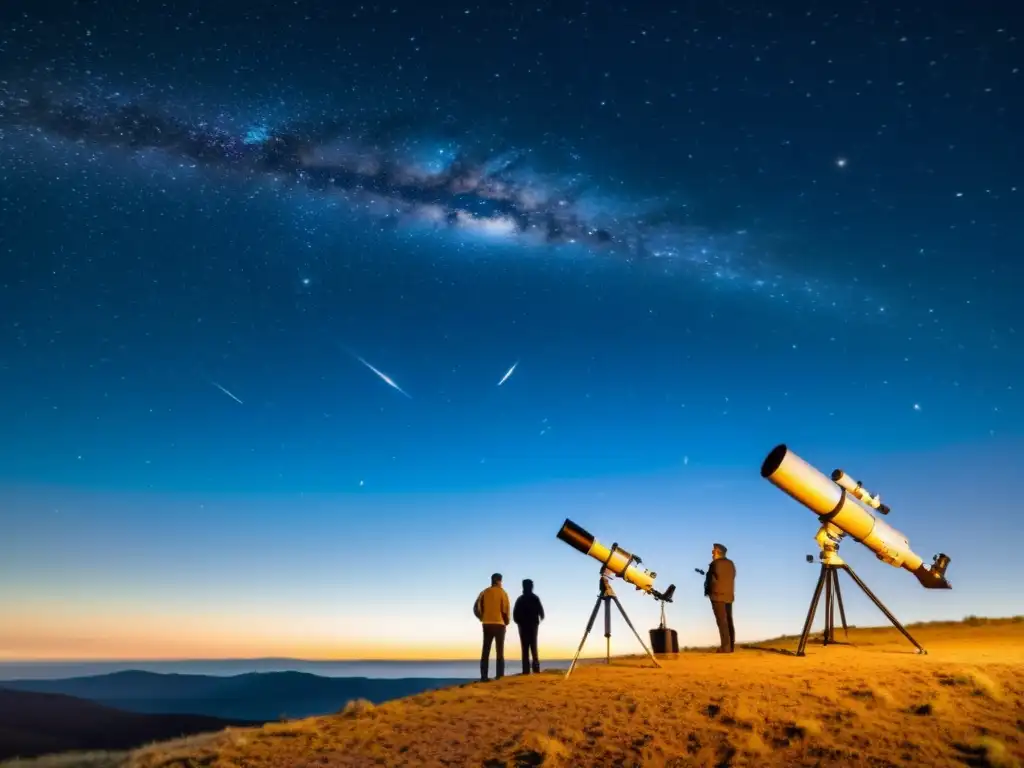 Grupo de astrónomos observando galaxias elípticas con telescopio vintage en la noche estrellada