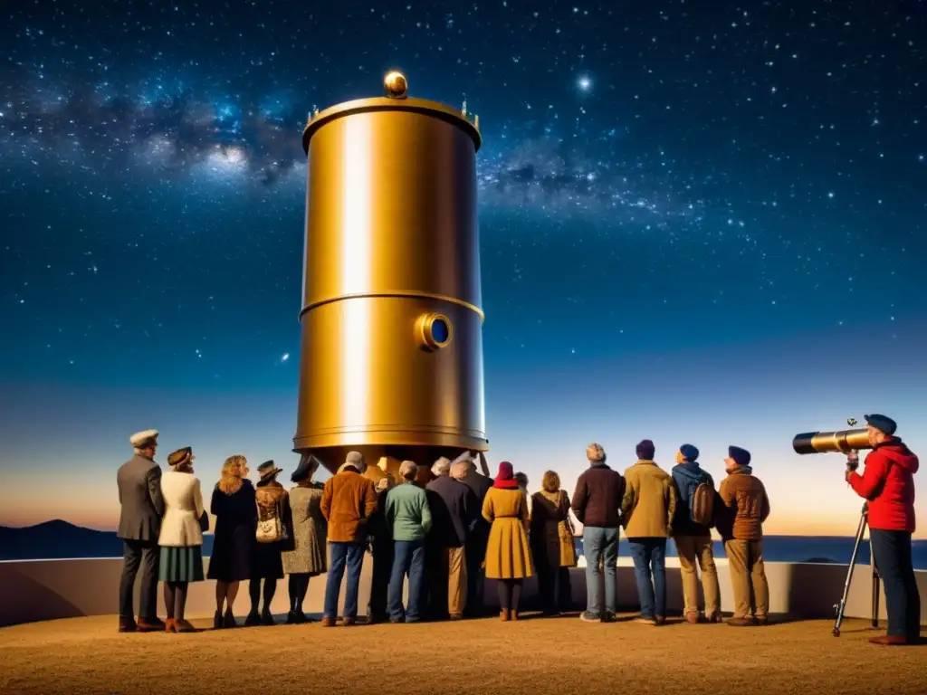 Un grupo de astrónomos aficionados observa galaxias lejanas a través de un telescopio clásico, sumergidos en la exploración del cosmos