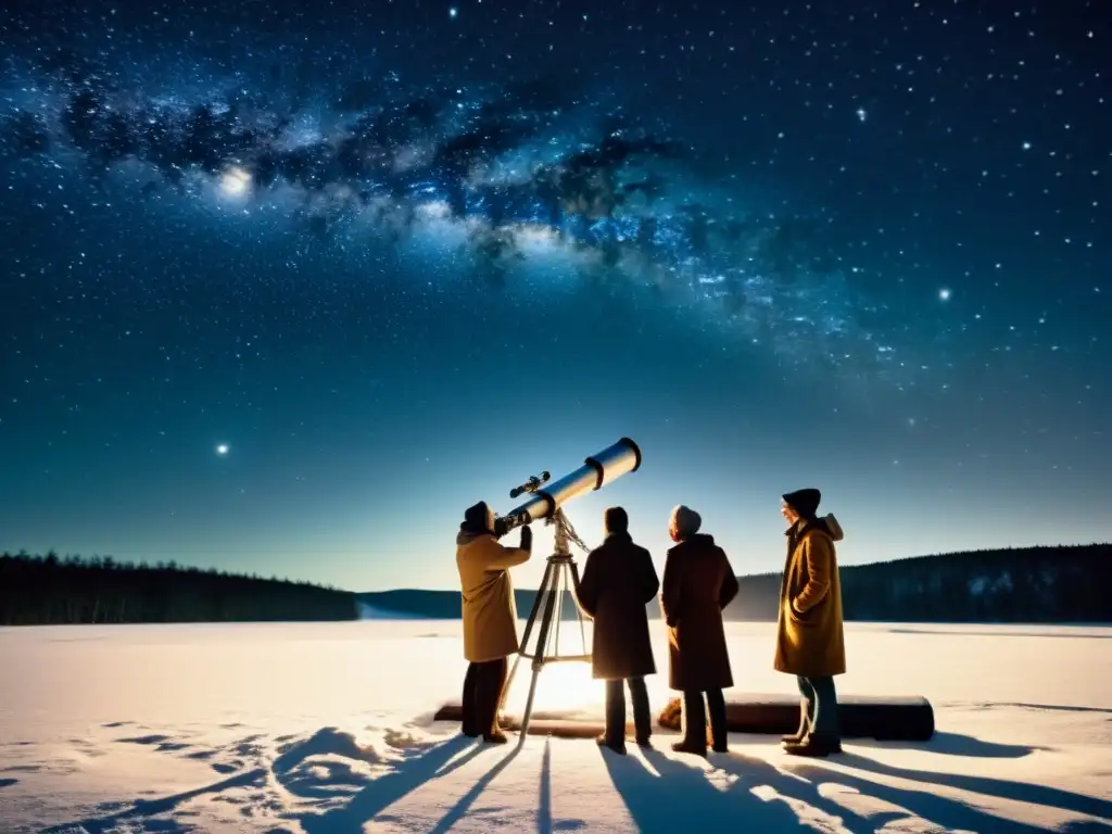 Grupo de astrónomos con ropa térmica, observando el cielo estrellado en una noche fría y apasionante