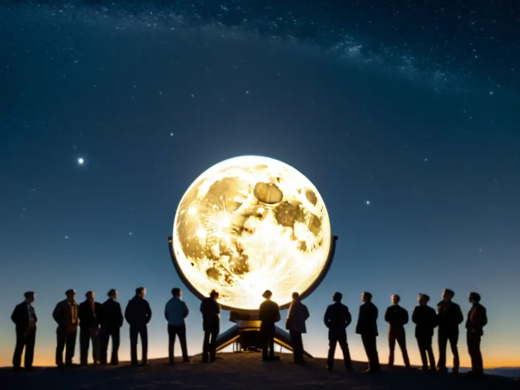 Grupo de astrónomos ajustando un telescopio bajo la luz de la luna