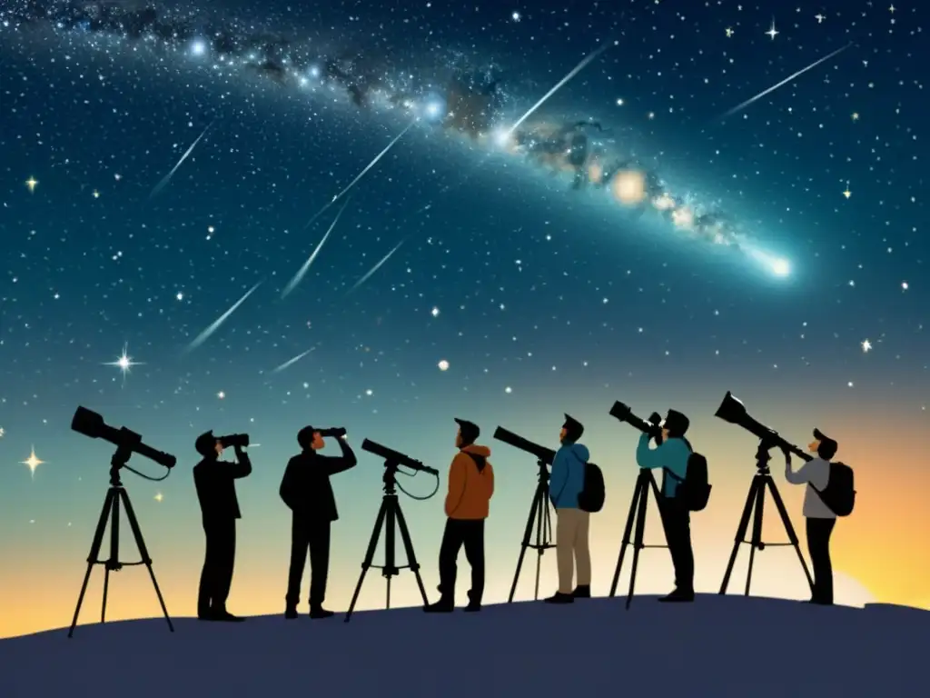 Un grupo de astrónomos en trajes espaciales vintage exploran estrellas y cometas con telescopios, evocando la exploración en revistas digitales