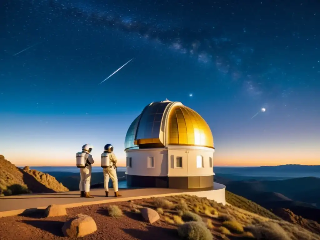 Un grupo de astrónomos en trajes espaciales retro ajustando telescopios en un observatorio histórico en la cima de una montaña