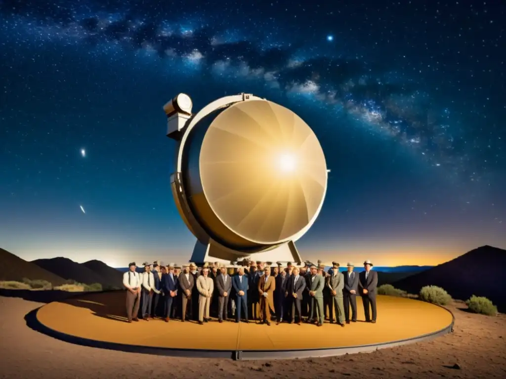 Grupo de astrónomos en trajes vintage observando el cielo estrellado a través de un telescopio clásico