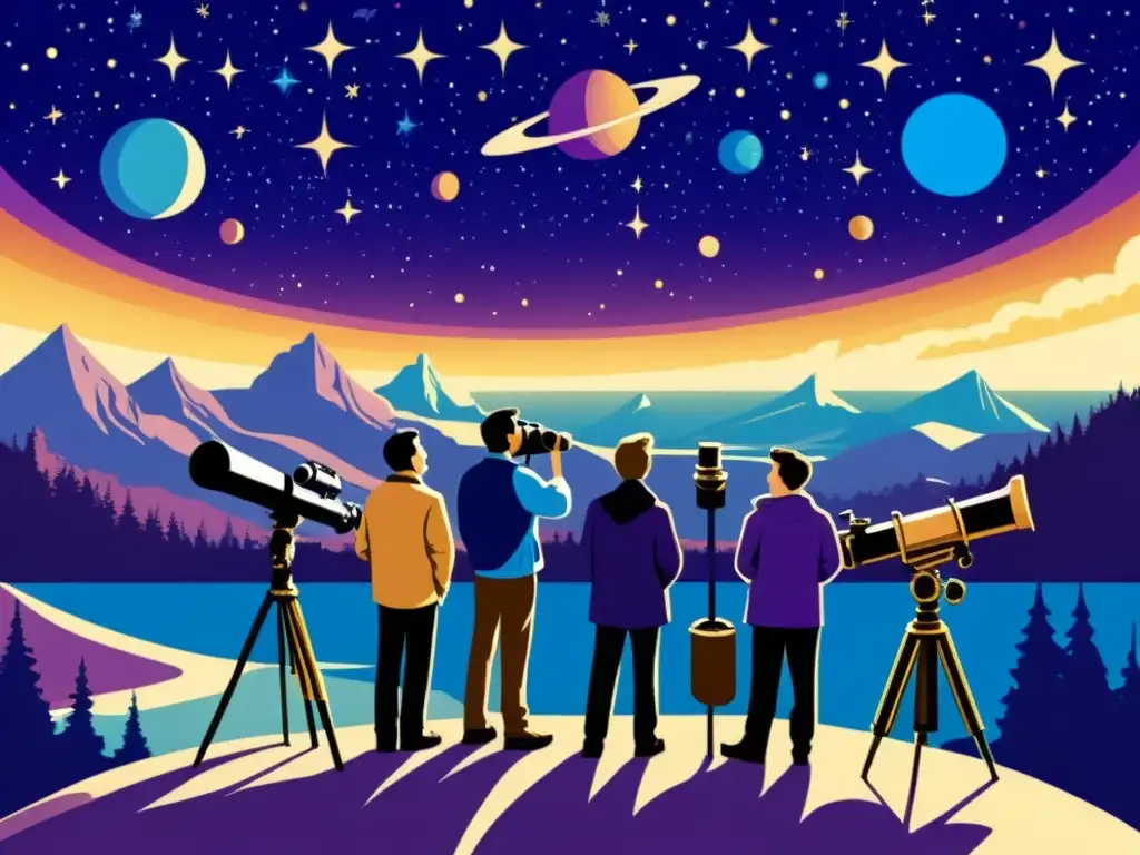 Un grupo de astrónomos vintage observa el cielo nocturno a través de telescopios, con planetas lejanos y estrellas de fondo