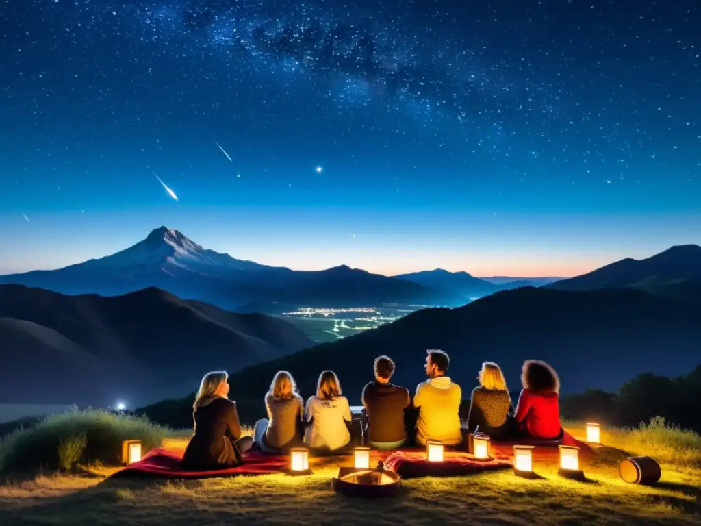 Un grupo disfruta del astroturismo local, degustaciones y observando constelaciones bajo un cielo estrellado y la silueta de montañas