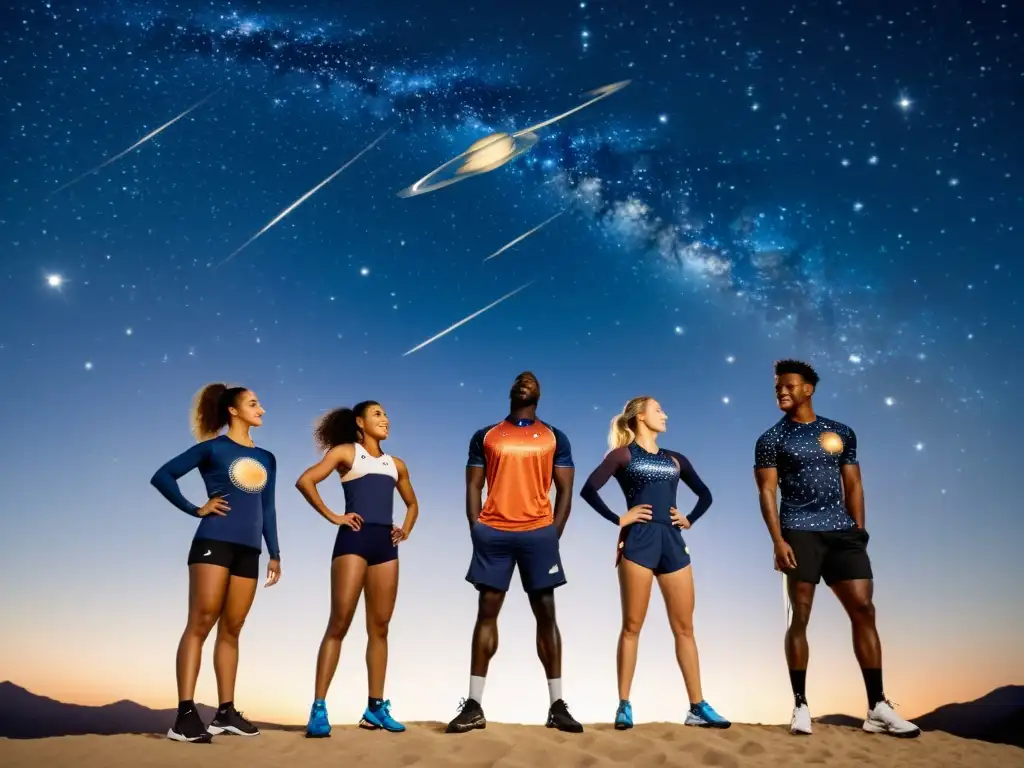 Un grupo de atletas usando ropa deportiva con motivos astronómicos, realizando actividades deportivas bajo un cielo estrellado en tonos sepia