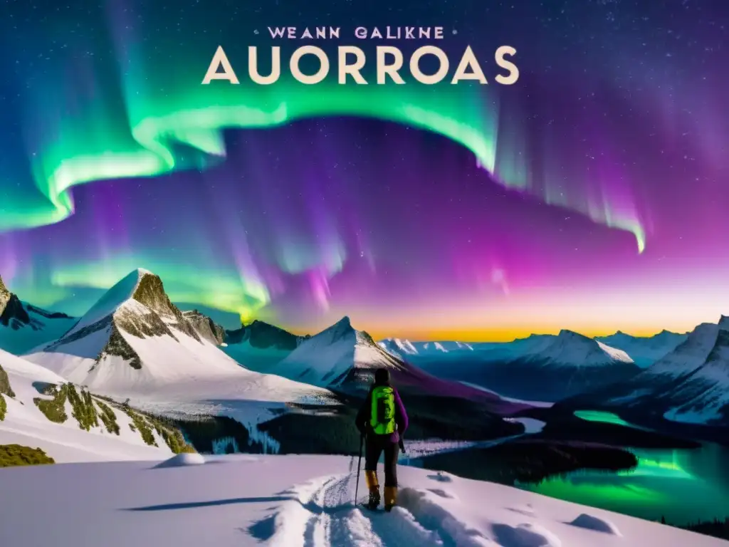 Un grupo de aventureros contempla las auroras boreales en un cartel vintage de 'Expediciones para cazar auroras boreales'