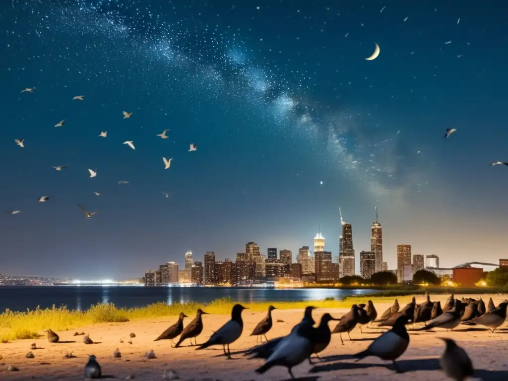 Un grupo de aves migratorias desorientadas por la contaminación lumínica de la ciudad, con el brillo urbano eclipsando las estrellas y la luna