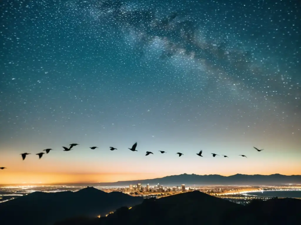 Un grupo de aves migratorias vuela en la noche estrellada, con la contaminación lumínica de fondo