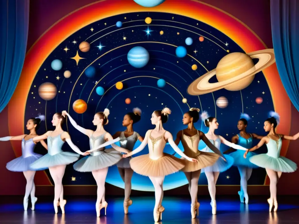 Grupo de bailarines en trajes celestiales, inspirados en el sistema solar, realizando un ballet hipnótico en un escenario iluminado de forma etérea