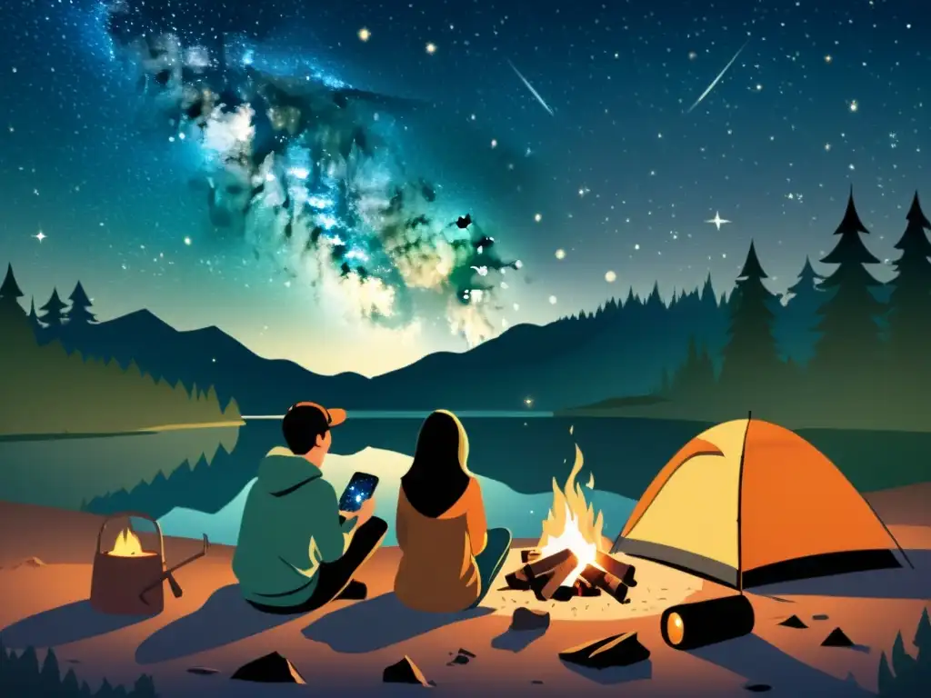 Grupo de campistas observando estrellas y constelaciones con las mejores apps mapas estelares camping, alrededor de una fogata en el bosque nocturno