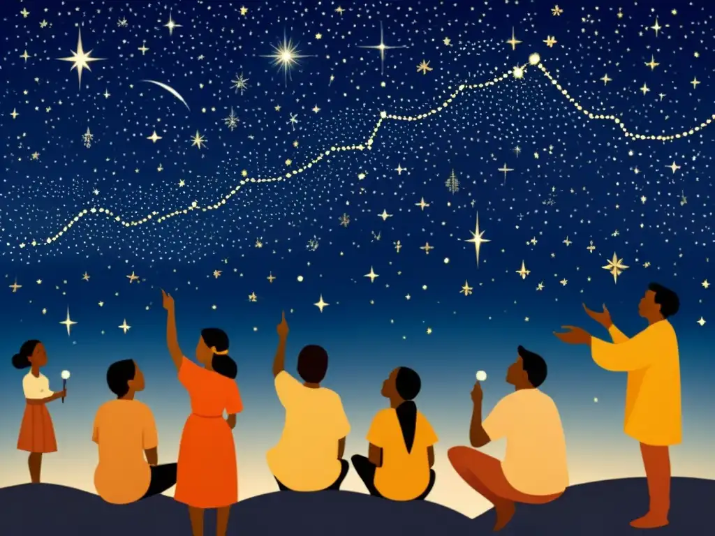 Un grupo de indígenas observa el cielo estrellado, conectados con la espiritualidad y la sabiduría ancestral, en una ilustración vintage