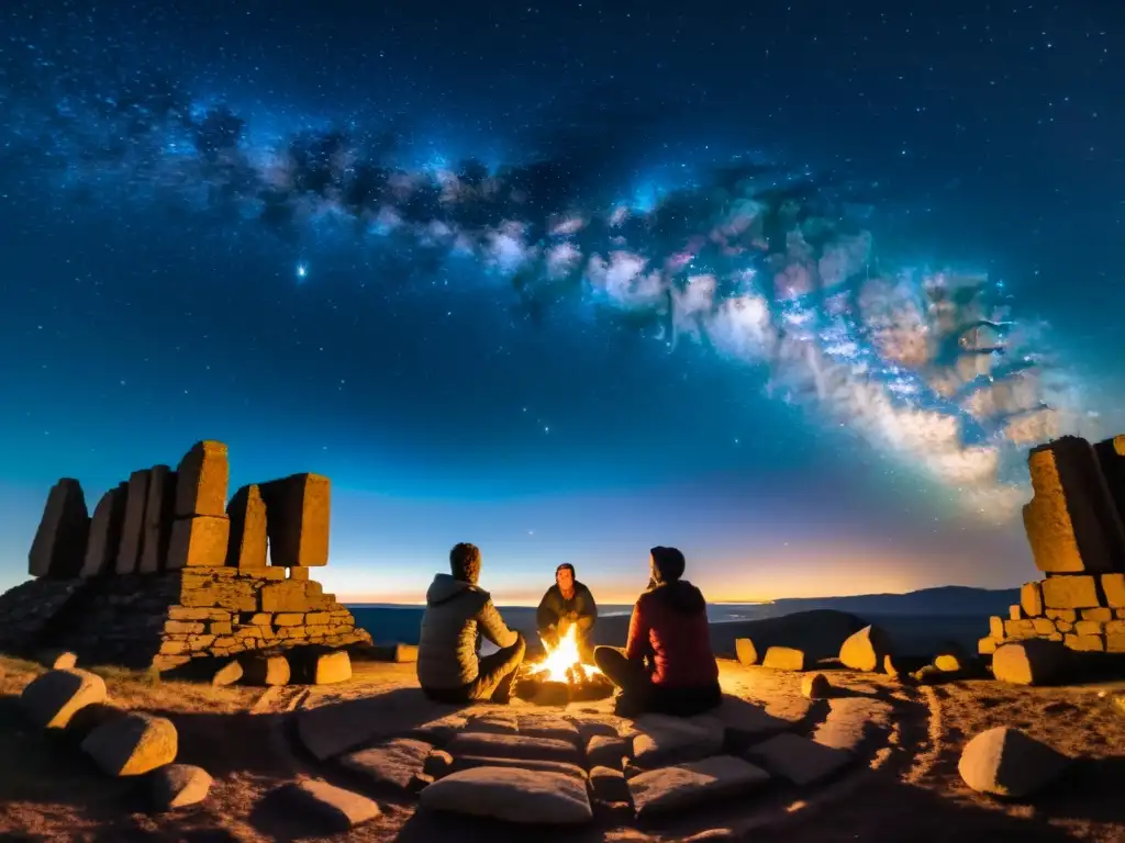 Un grupo contempla el cielo estrellado alrededor de una fogata en ruinas, evocando retiros espirituales y la historia astronómica