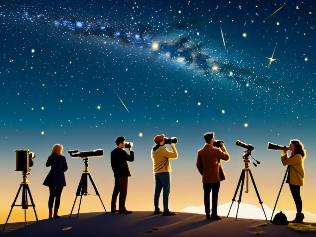 Grupo observa el cielo estrellado con telescopios vintage, evocando maravilla y exploración