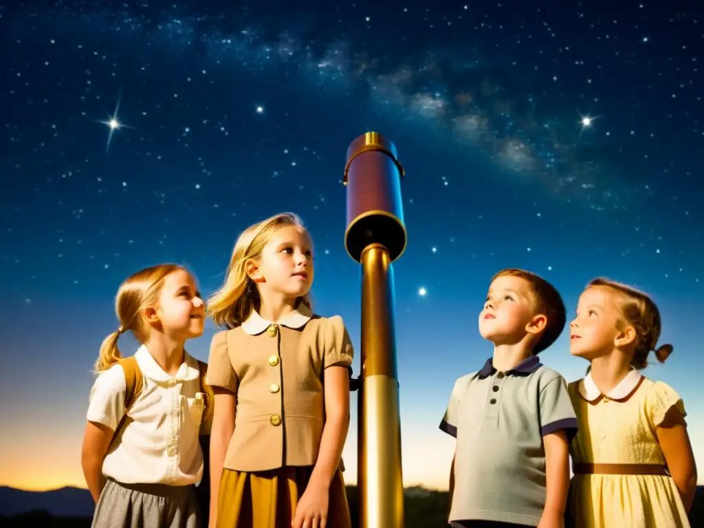 Un grupo de niños admira el cielo nocturno a través de un telescopio vintage, capturando la magia de la astronomía para niños