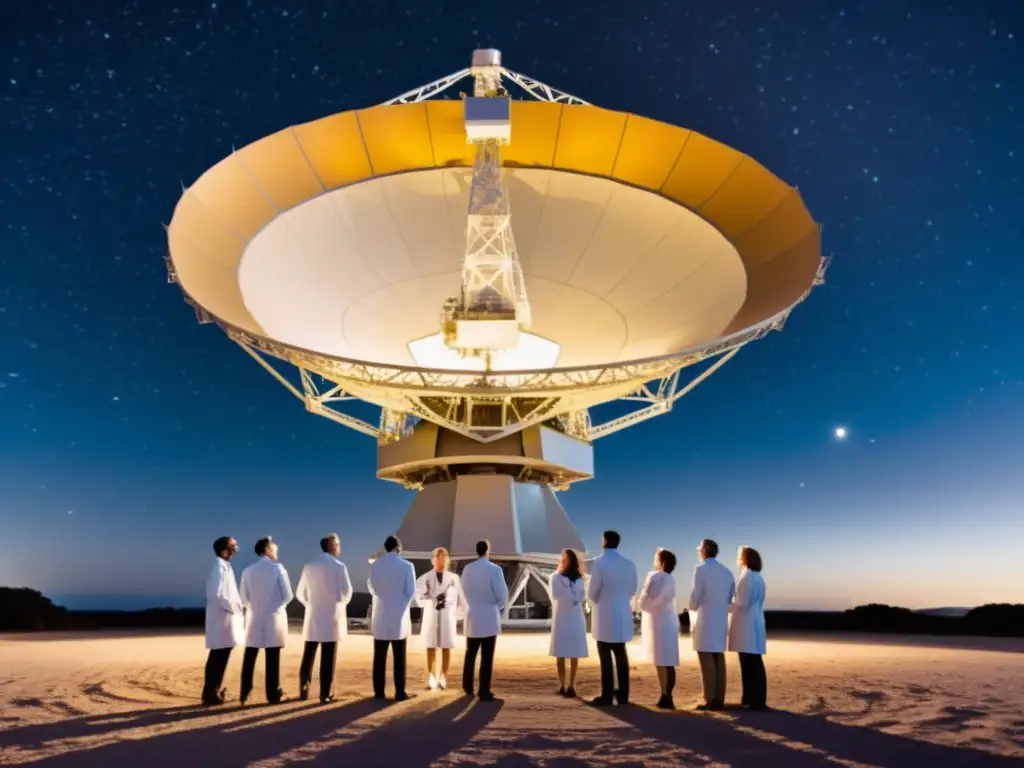 Grupo de científicos en laboratorios, colaborando y observando a través de un radiotelescopio hacia el cielo estrellado