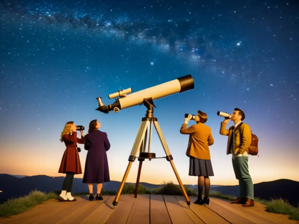 Grupo admirando constelaciones a través de telescopio vintage, evocando una era de stargazing