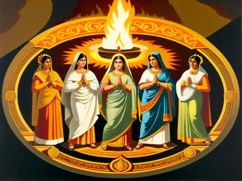 Grupo de Diosas Vestales en Roma realizando rituales alrededor de un fuego sagrado, emanando serenidad y misticismo antiguo