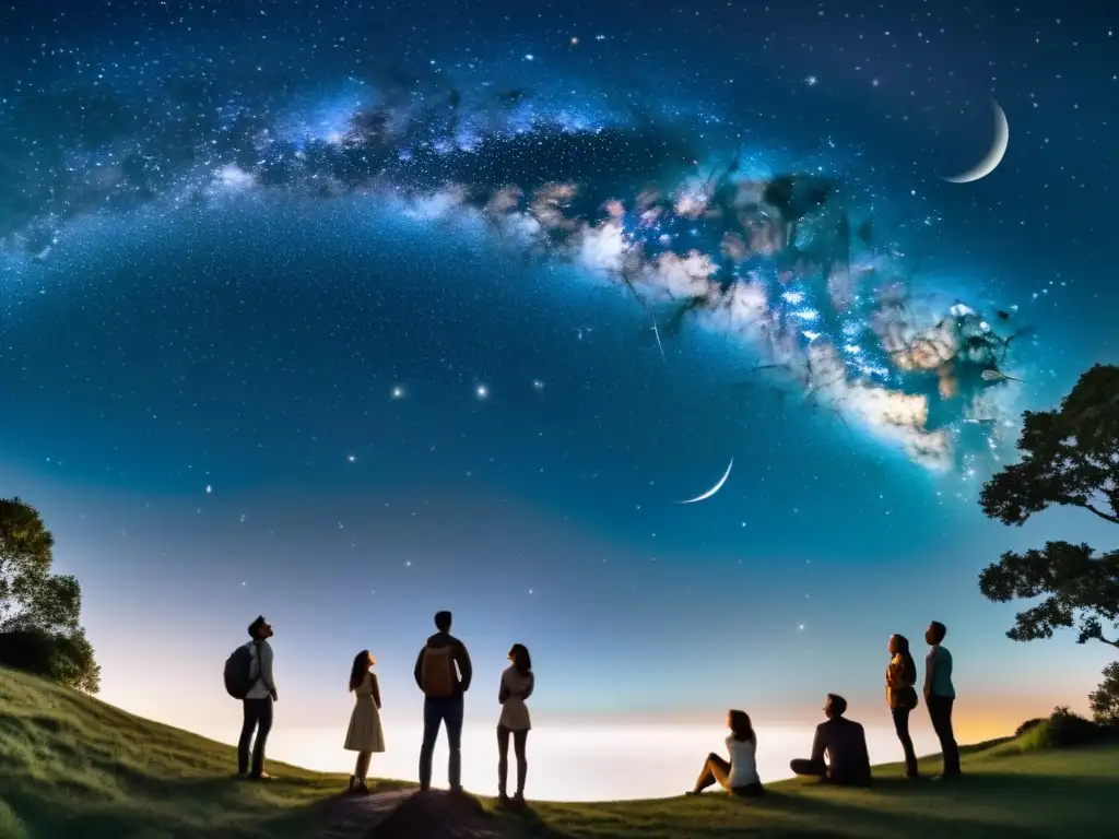 Grupo diverso contempla la conciencia cósmica y protección del cielo nocturno, conectando con la belleza estelar