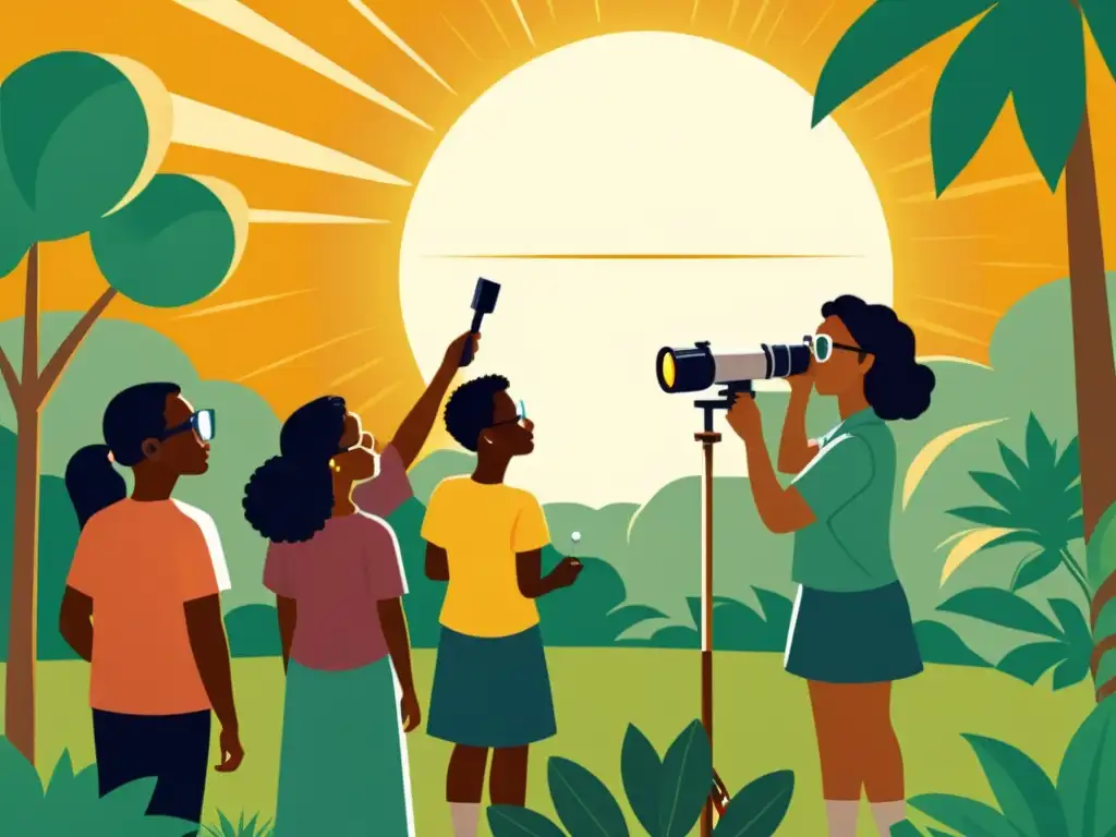 Un grupo diverso de estudiantes usa telescopios para observar el sol de forma segura en un entorno al aire libre