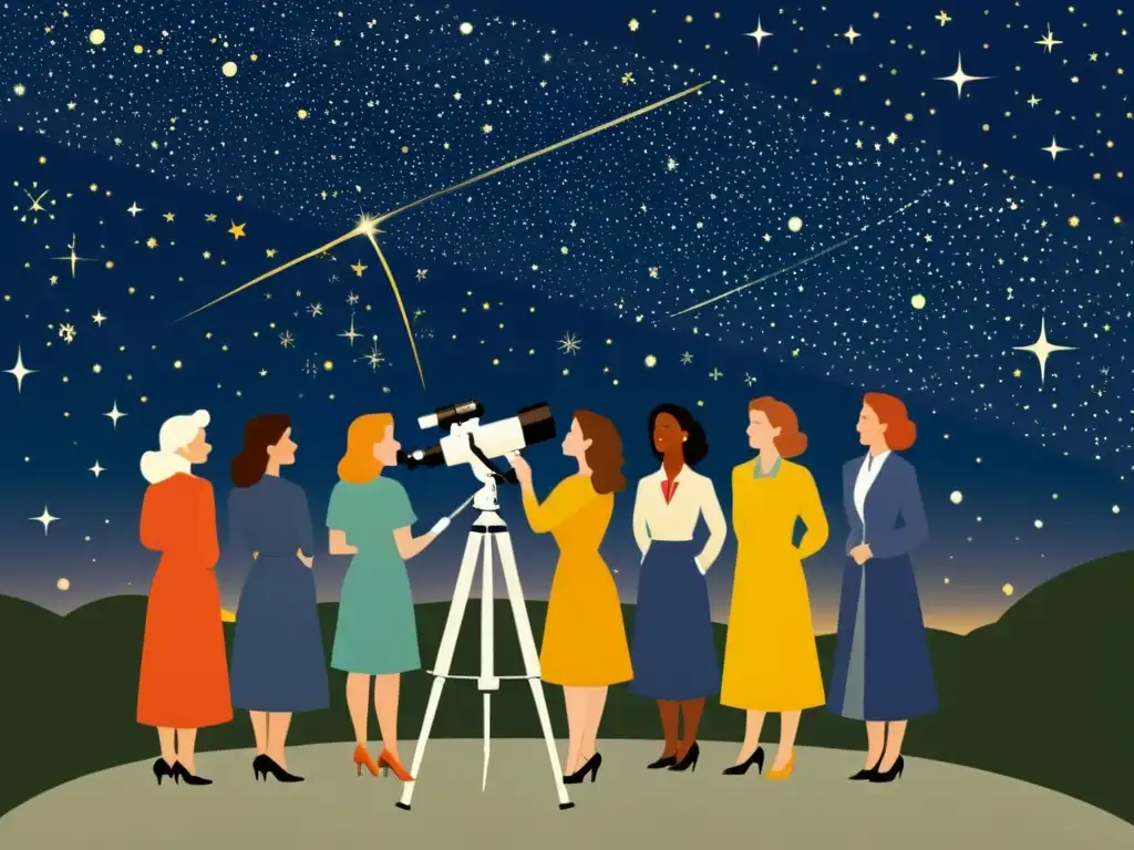 Grupo diverso de mujeres astrónomas en atuendo vintage observando el cielo estrellado