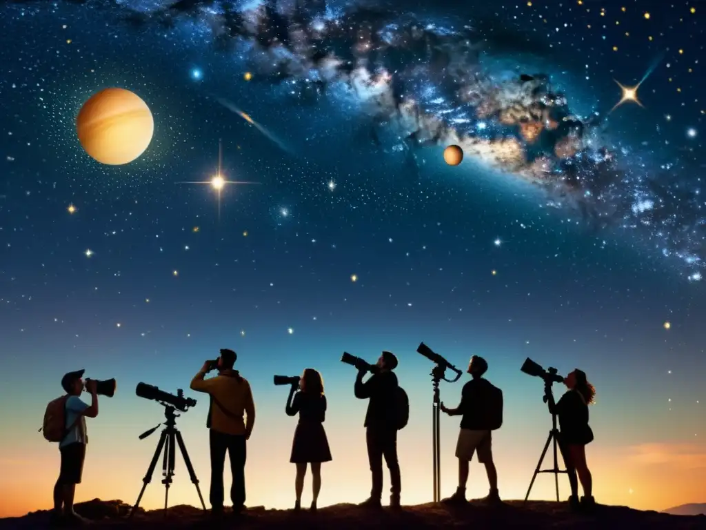 Un grupo diverso de personas explora las estrellas con telescopios en una ilustración detallada de inspiración vintage